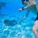 A Guest underwater reaching toward a stingray